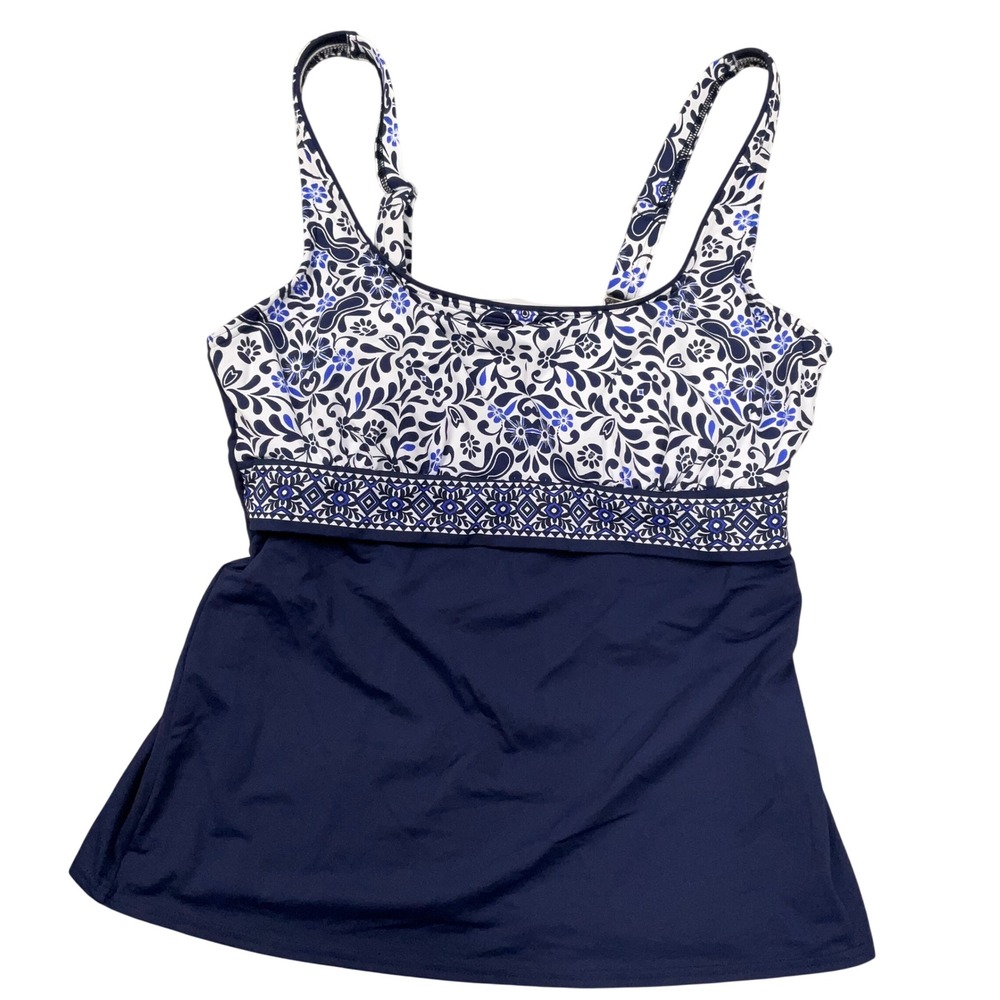 Lands End Tankini Top Women 12 Blue White Floral Paisley Adjustable